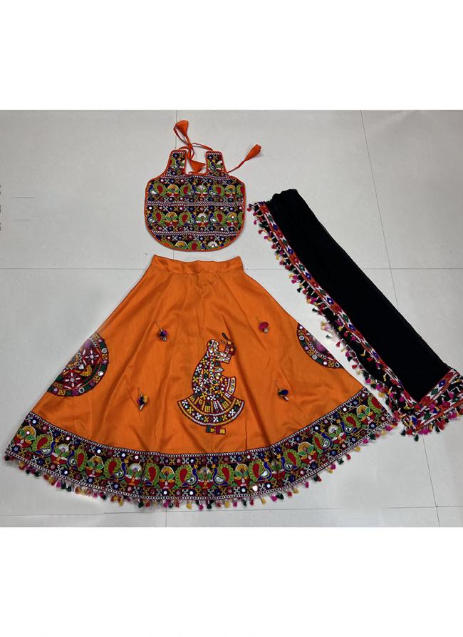 Art Silk Orange Navratri Wear Kutchi Work Readymade Kids Lehenga Choli